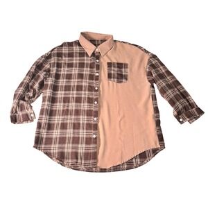 Shein Plaid Color Block Button Down Shirt Relaxed‎ Fit Casual Top Size L